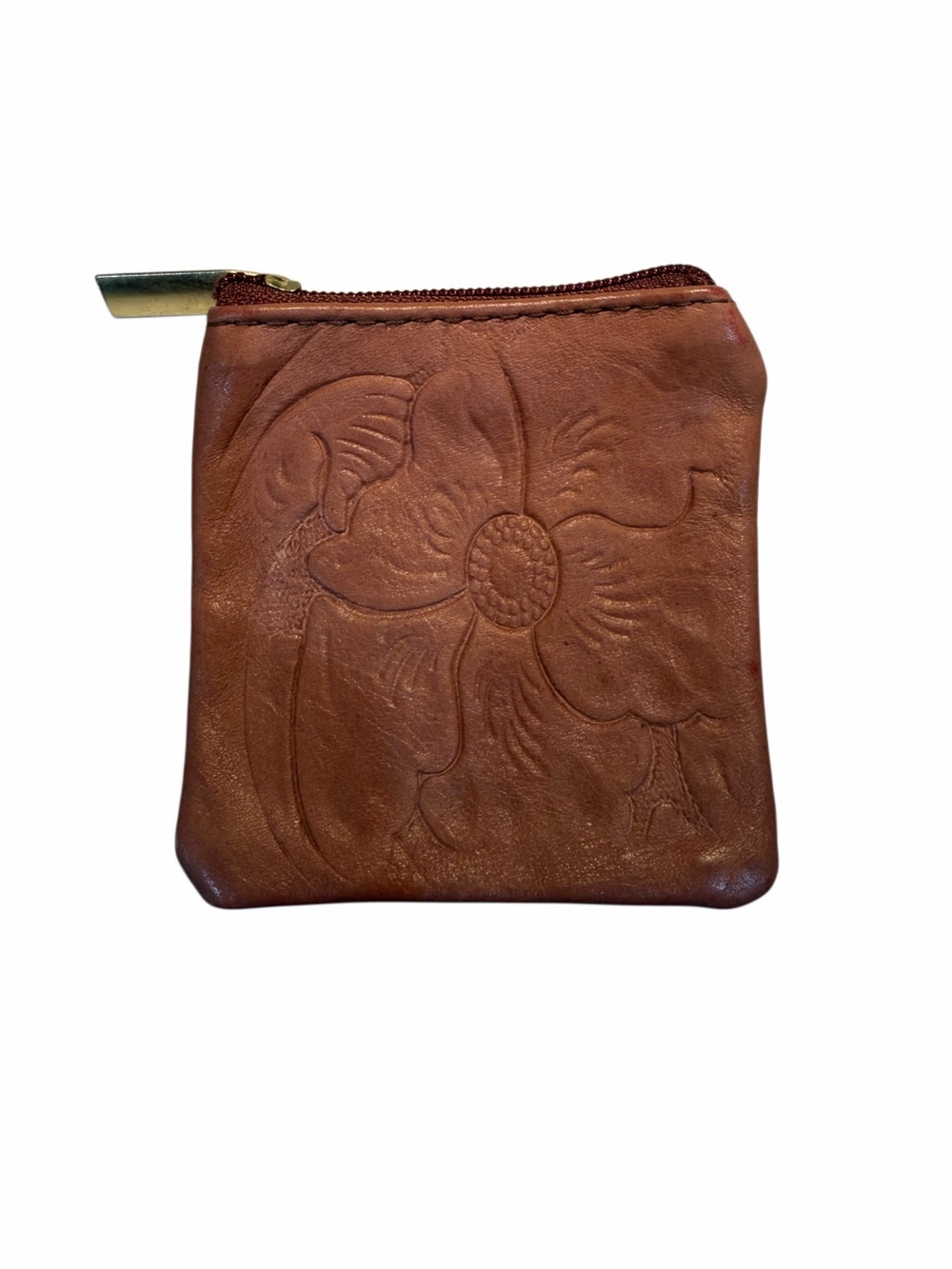 Handcrafted Brown Leather Coin Pouch with Floral Embossing